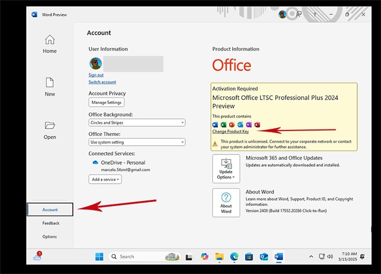 Microsoft Visio 2021 Professional (Windows PC) install step 5: Go to Account → Change Product Key
